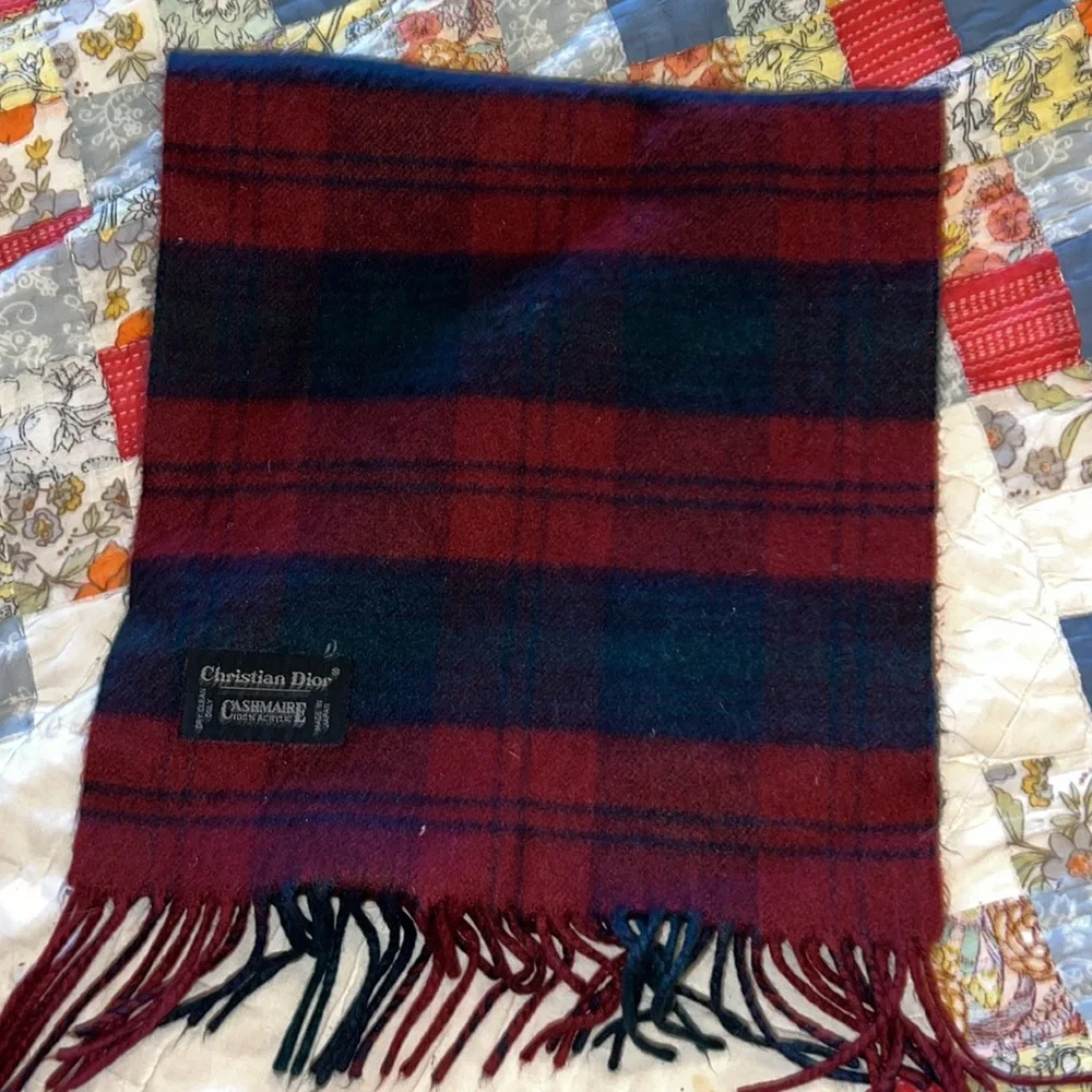 Vintage Christian Dior Cashmaire plaid fringe scarf 48” x 11”